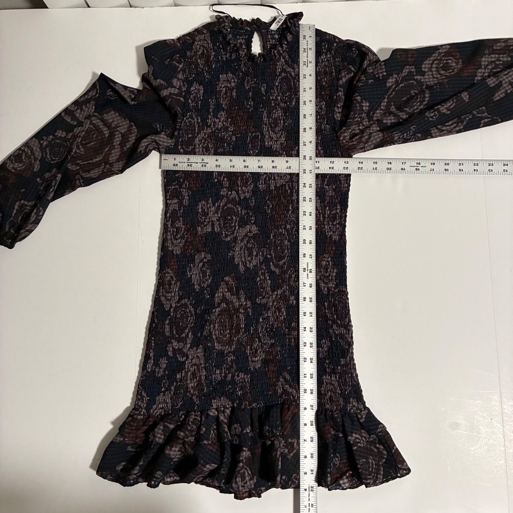 ZARA Womens Smocked Floral Mini Dress Blue Brown Ruffle High Neck Size M - Picture 5 of 7